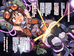 beam borrowed_character braid brown_eyes brown_hair cable commentary commentary_request female firing funnels glowing goggles goggles_on_head laser laser_beam long_braid original panties restrained sex_machine stationary_restraints sweat tears tomoshibi_hidekazu trembling underwear wide-eyed