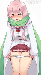 baggy_clothes bangs blush breasts carmilla_(re:zero) clothed_female dress female female_only female_solo full-face_blush high_resolution hioyami looking_at_viewer medium_breasts medium_hair open_mouth panties_pull pantsu panty_pull pink_eyes pink_hair re:zero_kara_hajimeru_isekai_seikatsu scarf solo sweat tears thighs underwear wavy_mouth