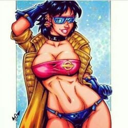 1girls big_breasts bikini_bottom blue-tinted_eyewear breasts choker earring female female_only garrett_blair gloves jacket jubilation_lee jubilee looking_at_viewer marvel marvel_comics mutant solo sunglasses superheroine tinted_eyewear tube_top x-men