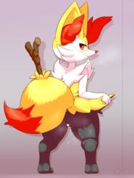 alacarte animal_ear_fluff animal_ears animal_nose anus ass black_fur blush body_fur braixen censored closed_mouth female fox_ears fox_girl fox_tail from_behind full_body furry glint gradient gradient_background grey_background half-closed_eyes happy heart heart_censor highres lifted_by_self looking_back motion_lines pokémon_(species) pokemon pokemon_(species) presenting pussy pussy_juice red_eyes shortstack simple_background smile snout solo standing steaming_body stick sweat tail textless thick_thighs thighs white_fur yellow_fur