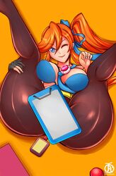 athena_cykes color edit female female_only gyakuten_saiban large_breasts legs_up long_hair nipple_bulge orange_hair revolverwingstudios tagme thick_thighs