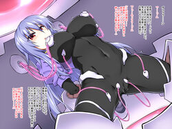 arm_held_back blue_hair bodysuit borrowed_character breasts cable commentary commentary_request covered_navel female glowing large_breasts long_hair mechanical_parts open_mouth original puffy_short_sleeves puffy_sleeves red_eyes restrained sex_machine short_sleeves stationary_restraints tomoshibi_hidekazu translation_request