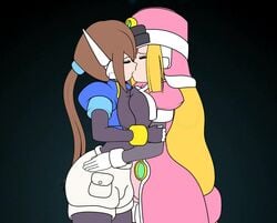 2girls aile android animated blonde_hair bodysuit breast_press breasts brown_hair capcom eyes_closed french_kiss gloves kiss kissing large_ass lluanhyperzero mega_man mega_man_zx_advent no_sound prairie video yuri