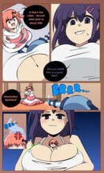 2018 2girls attribute_theft between_breasts big_breasts breast_expansion breasts cleavage clothed clothing comic english_text female female_only gabriel_dropout giantess growth herretik huge_breasts kurumizawa_satanichia_mcdowell macro_female micro_female micro_in_cleavage micro_on_macro multiple_girls person_between_breasts shrinking size_theft smug smug_face text tsukinose_vignette_april