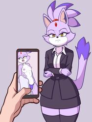 5_fingers anthro black_skirt blaze_the_cat breasts cellphone crossed_arms domestic_cat duo fingers forehead_jewel gem hair human juxtaposition mammal panties_under_skirt pencil_skirt phone photo purple_body purple_hair skirt sonic_(series) turboranger white_body white_fur yellow_eyes