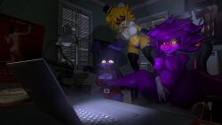 3d 3d_(artwork) 3girls bonfie bonfie_(cryptia) bonnie_(cally3d) bonnie_(fnaf) cally3d clazzey closed_mouth cryptiacurves fazclaire's_nightclub female female_only fexa fexa_(cryptia) five_nights_at_freddy's fnaf foxy_(cally3d) foxy_(fnaf) freddy_(fnaf) fredina's_nightclub fredina_(cally3d) frenni_(cryptia) frenni_fazclaire furry furry_only glowing_eyes golden_freddy golden_freddy_(fnaf) golden_fredina_(cally3d) laptop masturbation oc purple_body sarah scottgames shocked source_filmmaker touching_breast type_0 vorongamer yellow_body