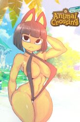 2020 animal_crossing animal_crossing_new_horizons ankha ankha_(animal_crossing) beach big_breasts bikini black_bikini black_eyes black_hair breasts cat_ears catgirl curvy curvy_body curvy_female curvy_figure erect_nipples feline female female_only nintendo nipples poweruser_sh solo solo_female sun sunlight thick_thighs thighs wide_thighs yellow_skin