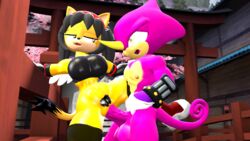 3d black_hair breasts chameleon domestic_cat espio_the_chameleon fangs female hair honey_the_cat horn male nackey nipples penis pubic_hair purple_body pussy reptile sex sonic_(series) twintails wings yellow_body