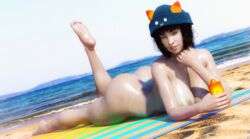 1girls 3d 3d_(artwork) beach beach_towel big_breasts female female_only hat homestuck hopefulsquire leg_up nepeta_leijon on_front solo solo_female sunbathing sunscreen tanline