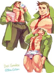 1boy abs bandage bandage_on_face bara beaugilliam belt biceps big_pecs blazer body_hair bodybuilder brown_hair buff bulge capcom chest_hair daddy dick_gumshoe dilf drinking erect_nipples facial_hair green_blazer gyakuten_saiban hairy hairy_chest hairy_legs hairy_male holding_object huge_pecs human human_only male male_focus male_only manly mature mature_male muscle muscles muscular muscular_legs muscular_male necktie nipples open_blazer open_clothes pecs pectorals pencil_on_ear pink_nipples print_panties red_tie shirtless simple_background six_pack solo solo_focus solo_male standing suit suit_and_tie thick thick_legs thick_thighs tie tight_clothing tight_pants trenchcoat uncle underwear underwear_only white_background white_collar white_underwear