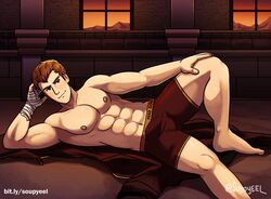 1boy abs bandages boxer_briefs brown_hair clothes_on_floor fire_emblem fire_emblem:_the_blazing_blade linus_reed lying_on_side male male_only muscular muscular_male nipples pecs penis_bulge penis_shaped_bulge posing shirtless solo_male soupyeel underwear underwear_only