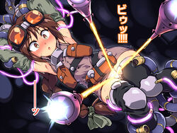 beam borrowed_character braid brown_eyes brown_hair cable commentary commentary_request female firing funnels glowing goggles goggles_on_head laser laser_beam long_braid original panties restrained sex_machine stationary_restraints sweat tears tomoshibi_hidekazu trembling underwear wide-eyed