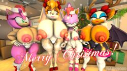 3d 3d_model 4girls alternate_breast_size amy_rose anthro bat blaze_the_cat breasts cameltoe chiropteran christmas christmas_outfit domestic_cat eyelashes group hair hat headband hedgehog mobian mobian_(species) mobian_bat orange_hair pink_body pink_hair purple_body rabbit rask9000 rouge_the_bat sega sonic_(series) sonic_adventure_2 sonic_the_hedgehog_(series) tan_body vanilla_the_rabbit white_body