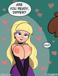 alternate_version_available big_breasts blonde_hair breasts choker dipper_pines disney disney_channel earrings elbow_gloves evening_gown eyeshadow garabatoz gloves gravity_falls heart lipstick looking_at_another name_drop nipples pacifica_northwest purple_lipstick speech_bubble straight_hair topless