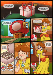 1girls ass ass_expansion ass_in_dress blue_eyes blush breast_expansion breasts brown_hair comic convenient_censoring cookie dakunart dress english_text female female_focus giantess growth huge_breasts male mario_(series) motion_lines nintendo princess_daisy royalty super_mario_bros. text toad_(mario) yellow_dress