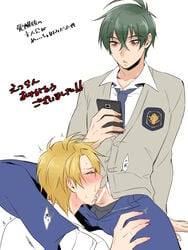 2boys blonde_hair blowjob blush censor_bar censored closed_eyes crying cum_drip cum_in_mouth cum_on_penis deepthroat drooling ejaculation fellatio filming gay green_hair leg_grab leg_on_shoulder makishima_reiji male male_only multiple_boys muscular muscular_femboy on_knees on_phone open_pants oral oral_sex orgasm_from_oral partially_clothed penis_out phone pointless_censoring recording red_eyes school_uniform sissy taking_picture tear text thigh_grab yaoi yarimesu