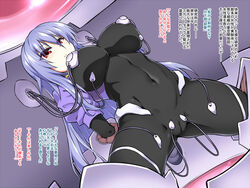 arm_held_back blue_hair bodysuit borrowed_character breasts cable commentary commentary_request covered_navel female large_breasts long_hair original puffy_short_sleeves puffy_sleeves red_eyes restrained sex_machine short_sleeves stationary_restraints tomoshibi_hidekazu translation_request