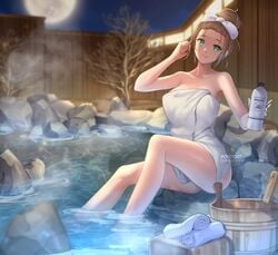 1girls ass bare_shoulders bath bathing breasts brown_hair bucket collarbone covered_breasts doki_doki_literature_club female female_only green_eyes hot_spring looking_at_viewer medium_breasts monika_(doki_doki_literature_club) moon naked_towel night night_sky onsen ponytail potetos7 pov pov_eye_contact shampoo smile soaking_feet solo solo_female solo_focus spa steam steamy_breath thick_thighs thighs tied_hair towel towel_on_head towel_only towel_wrap water water_drop white_towel