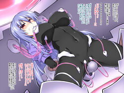 arm_held_back blue_hair bodysuit borrowed_character breasts cable clenched_teeth commentary commentary_request covered_navel female glowing large_breasts long_hair motion_lines original puffy_short_sleeves puffy_sleeves red_eyes restrained sex_machine short_sleeves stationary_restraints teeth tomoshibi_hidekazu translation_request twitching