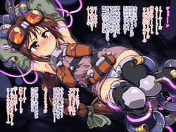 borrowed_character braid brown_eyes brown_hair cable commentary commentary_request female frown glowing goggles goggles_on_head long_braid original panties restrained sex_machine stationary_restraints sweat teeth tomoshibi_hidekazu translation_request trembling underwear