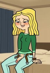 1futa 1girls accurate_art_style after_cum ai_generated balls bed bedroom blonde_hair carrie_(tdi) clothed flaccid flaccid_penis fleshlight futanari penis penis_out sex_toy sitting sitting_on_bed solo testicles the_ridonculous_race total_drama_island unzipped_pants yellow_hair