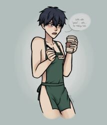 1boy coffee_cup gay given_(anime) green_apron nude starbucks uenoyama_ritsuka_(given) yaoi