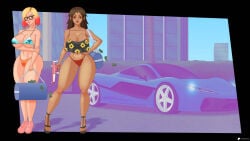 2025 2d 2d_(artwork) 2girls armed bare_shoulders battalion113 beautiful_woman beautiful_women belly blonde-haired_female blue_eyes brown-haired_female brown_eyes cityscape collarbone grand_theft_auto grand_theft_auto_online gta_online_female_character high_heels highres los_santos massive_breasts mature_females mature_women navel pinup posing smg sports_car standing submachine_gun summer text thong_bikini thong_bikini_bottom tight_bikini_top tubetop unbothered voluptuous_female voluptuous_woman watermark