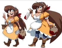 1girls age_progression apron bag basket black_eyes blood blood_on_clothes blood_on_knife blood_on_weapon boots breasts brown_footwear brown_hair cleavage cleaver clothing dress female footwear full_body holding holding_bag holding_knife inker_comics inkershike knife large_breasts long_hair looking_at_viewer maid maid_headdress mona_(inker_comics) multiple_views open_mouth orange_dress pants ponytail puffy_short_sleeves puffy_sleeves ribbon short_sleeves simple_background smile teeth upper_teeth_only v very_long_hair waist_apron white_apron white_background yellow_dress