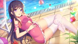 big_breasts black_hair dress feet girlgame long_hair looking_at_viewer panties pink_dress pink_panties preety_angel purple_eyes stockings tight_dress updress