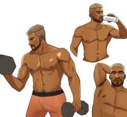 1boy dead_by_daylight diet_soda13 drinking drinking_from_bottle drinking_water dumbbell dumbbells gabriel_soma lifting lifting_weights male male_only muscular muscular_male shirtless shirtless_male water_bottle weightlifting working_out workout