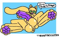 aliasing animal_genitalia balls big_balls big_penis butters_(theenyface) dated dialogue digital_media_(artwork) domestic_cat english_text felid feline felis feral fur genitals glistening glistening_balls glistening_genitalia glistening_pawpads glistening_penis green_eyes hand_on_penis humanoid_genitalia humanoid_penis looking_at_viewer mammal pawpads penis sheath signature solo talking_to_viewer text theenyface yellow_body yellow_fur