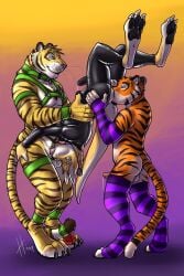 2019 anal anthro anthro_on_anthro anthro_penetrated anthro_penetrating anthro_penetrating_anthro armwear athletic athletic_anthro athletic_male balls balls_on_face black_clothing black_latex black_penis black_skinsuit blue_eyes closed_smile clothing collar dated erection felid genitals gradient_background green_collar green_eyes green_harness group group_sex harness hi_res holding_partner hufnaar hufnaar_(character) kangaroo latex latex_clothing latex_skinsuit legwear macropod male male/male male_anthro male_penetrated male_penetrating male_penetrating_male mammal markings marsupial mouth_closed muscular muscular_anthro muscular_male nude oral pantherine pattern_armwear pattern_clothing pattern_legwear pecs penetration penile_spines penis pink_penis purple_armwear purple_clothing purple_legwear rimming sex side_view simple_background size_difference skinsuit smile solaxe standing standing_sex striped_arms striped_armwear striped_clothing striped_legs striped_legwear striped_markings striped_tail stripes tail tail_markings threesome tiger tight_clothing trio ulbrek upside_down whiskers white_balls
