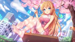 blonde_hair blue_eyes dress girlgame legs long_hair pink_clothing pink_dress preety_angel stockings striped_stockings