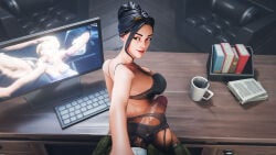 1boy 1girls 3d 3d_(artwork) dark-skinned_male fortnite fortnite:_battle_royale garter_belt garter_straps glasses_on_head light-skinned_female lingerie looking_at_viewer office_lady pov rook_(fortnite)