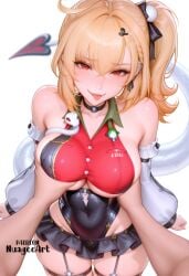 1boy 1girl ahoge ai_generated artist_name bangs bare_shoulders black_skirt blonde_hair blush braid breast_grab breasts choker cissia_(zenless_zone_zero) covered_navel detached_sleeves ear_piercing garter_straps grabbing guided_breast_grab guiding_hand hair_between_eyes hair_ornament hair_ribbon hetero large_breasts leotard long_hair long_sleeves looking_at_viewer nuageeart piercing pov pov_hands questionable red_eyes side_ponytail simple_background skirt smile solo_focus tail thighhighs tongue tongue_out virtual_youtuber white_background zenless_zone_zero