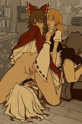 1boy 2girls artist_request bisexual blonde_female blushing brown_hair_female female_on_top femdom glasses grey_hair horny_female imminent_cunnilingus marisa_kirisame older_male opening_pussy presenting_pussy pussy reimu_hakurei rinnosuke_morichika skirt_lift straddling touhou touhou_project younger_female