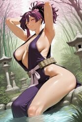1girl ai_generated armpits arms_up breasts hi_res high_quality high_resolution japanese_clothes jigokuraku large_breasts looking_at_viewer no_bra onsen outdoors patreon ponytail purple_eyes purple_hair revealing_clothes savvyraexo seductive sexy sideboob sitting smile soaking_feet solo thick_thighs thighs tree uncensored water watermark yuzuriha_(jigokuraku)
