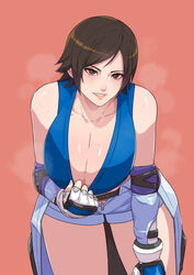 absurdres blue_sports_bra breasts brown_eyes brown_hair cirenk cleavage clothes_around_waist collarbone down_blouse elbow_pads female fingerless_gloves gloves heavy_breathing highres kazama_asuka large_breasts leaning_forward looking_at_viewer naughty_face parted_lips pink_background pulled_by_self short_jumpsuit solo sports_bra sports_bra_pull sweat tekken tekken_7 tomboy unzipped