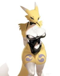 anthro big_breasts clothed clothing crow449 digimon digimon_(species) female fluffy fluffy_tail partially_clothed renamon suit_and_tie