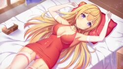 big_breasts blonde_hair choker dress dress_lift girlgame gloves long_hair panties pencil_dress pink_panties preety_angel purple_eyes red_dress stockings tight_dress updress white_gloves