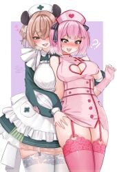 !? 2girls absurdres animal_ears apron big_breasts blush breasts brown_hair cleavage cleavage_cutout clothing_cutout commentary crescent crescent_hair_ornament curvy dress english_commentary garter_straps gloves grabbing_another's_breast grabbing_another's_thighs green_dress green_eyes groping hair_between_eyes hair_intakes hair_ornament hair_ribbon hat heart heart_cutout highres indie_virtual_youtuber large_breasts latex latex_dress lemonleaf lesbian looking_down multiple_girls nervous_sweating nimi_nightmare nurse nurse_cap one_side_up open_mouth pink_dress pink_gloves pink_hair pink_thighhighs ribbon selfcest simple_background soup_(soupysoull) surprised sweat tapir_ears tapir_girl thick thick_thighs thighhighs thighs tits virtual_youtuber white_apron white_thighhighs wide_hips yuri