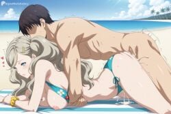 1boy 1girl ai_generated ann_takamaki ass beach bikini black_hair blonde_hair blue_bikini blue_eyes blush breasts clothed_female_nude_male cloud cum cum_in_pussy day digitalwaifugallery hair_ornament hairclip heart hetero hi_res high_quality high_resolution large_breasts long_hair lying nipples nude ocean on_stomach outdoors patreon patreon_username persona_5 scrunchie seductive sex sex_from_behind sexy side-tie_bikini_bottom sky swimsuit tree trembling twintails uncensored watermark wrist_scrunchie