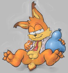 absurd_res accessory anthro anus badipoki balloon balloon_fetish balls biped blue_eyes bobcat bubsy_(series) bubsy_bobcat cigarette claws clothed clothing ear_tuft fangs feet felid feline foot_fetish genitals grey_background hi_res holding_balloon holding_cigarette holding_object humanoid_genitalia humanoid_penis inflatable legs_up lit_cigarette looking_at_viewer lynx male mammal necktie open_clothing open_shirt open_topwear penis perineum presenting presenting_anus shirt simple_background smoke solo tail teeth topwear tuft whisker_spots