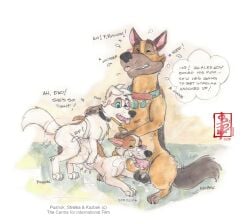 abdominal_bulge animal_genitalia animal_penis aroused balls bodily_fluids bound canid canine canine_genitalia canine_penis canis collar cuckold cum cum_in_mouth cum_in_vagina cum_inside cum_on_face dialogue domestic_dog doubleteaming ejaculation father_(lore) fellatio female fennec_(artist) feral genital_fluids genitals german_shepherd group herding_dog impregnation kazbek knot male male/female mammal mixed_breed oral orgasm painting_(artwork) parent_(lore) pastoral_dog paws penile penis pushok sex simple_background size_difference size_play son_(lore) space_dogs spitroast strelka text thought_bubble tongue tongue_out traditional_media_(artwork) trio vaginal watercolor_(artwork)