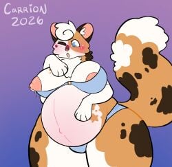 anthro belly belly_blush big_breasts blush blush_lines bodily_fluids body_blush bra breasts calico_cat calico_pattern clothing domestic_cat embarrassed felid feline felis female half-length_portrait hi_res lactating leaking_breasts longhair_cat mammal nipple_slip nipples one_eye_closed panties portrait pregnant pregnant_anthro pregnant_female saberbutt shocked shy solo standing thick_thighs underwear