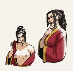 avatar_the_last_airbender azula black_hair black_lipstick breasts clothing dark_nipples female female_only fire_nation hair_bun japanese_clothes lipstick medium_breasts nickelodeon nipples no_bra ponytail shadowmist smile solo undressing