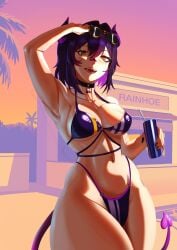 1girl 1girls absurdres akireimiki bandaid bandaid_on_face bandaid_on_nose bikini bikini_top_under_shirt bikini_under_clothes black_choker black_hair breasts breedable_hips can character_name choker colored_inner_hair commentary crop_top crop_top_overhang cropped_shirt curvy demon_girl demon_horns demon_tail english_commentary eyewear_lift eyewear_on_head female grand_theft_auto grand_theft_auto_vi gta_vi_cover_girl highleg highleg_bikini highres hip_focus hips holding holding_can horns indie_virtual_youtuber large_breasts looking_at_viewer multicolored_hair navel navel_piercing o-ring_bikini_bottom open_mouth piercing pose_imitation purple_bikini purple_hair purple_horns purple_shirt rainhoe shirt short_hair solo swimsuit tail thick_thighs thighs tits virtual_youtuber vtuber wide_hips yellow_eyes