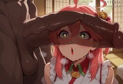 1boy 1girl 1st_costume 2boys ahoge ai_generated bell blush dark-skinned_male dark_skin duxvector erection green_eyes hair_bell hair_ornament heart heart-shaped_pupils hetero hololive hololive_japan huge_penis indoors interracial jingle_bell large_penis long_hair looking_at_penis miko multiple_boys one_side_up open_mouth penis penis_awe penis_on_face pink_hair sakura_miko sakura_miko_(1st_costume) shrine_maiden sweat symbol-shaped_pupils testicles uncensored veins veiny_penis virtual_youtuber x_hair_ornament