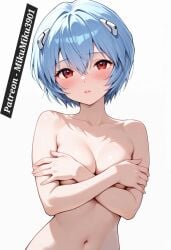 blue_hair blush covering_breasts evangelion light-skinned_female light_skin naked naked_female nude nude_female red_eyes rei_ayanami seductive upper_body