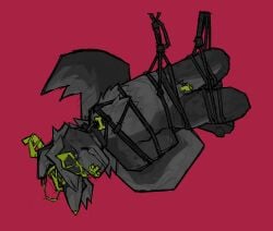 absurd_res andromorph anthro bdsm blood bodily_fluids bondage bound digital_media_(artwork) genitals hi_res intersex looking_at_viewer mammal nonbinary_(lore) nude openfracturesday simple_background solo suspension tail vulva